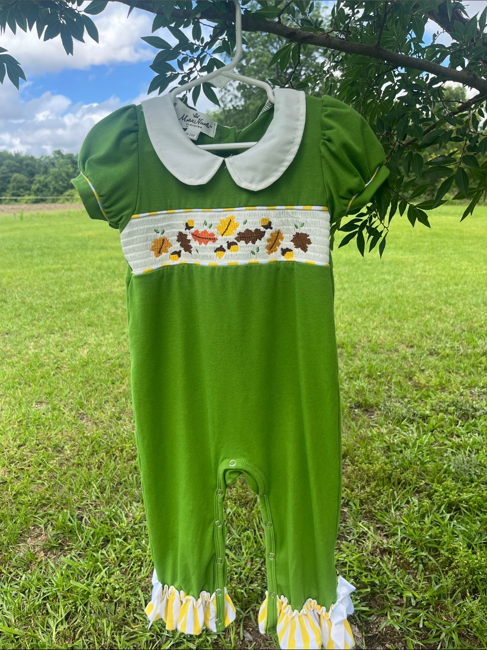 Size 18-24m Marie Nicole Clothing Fall Green Smocked Romper with White Collar